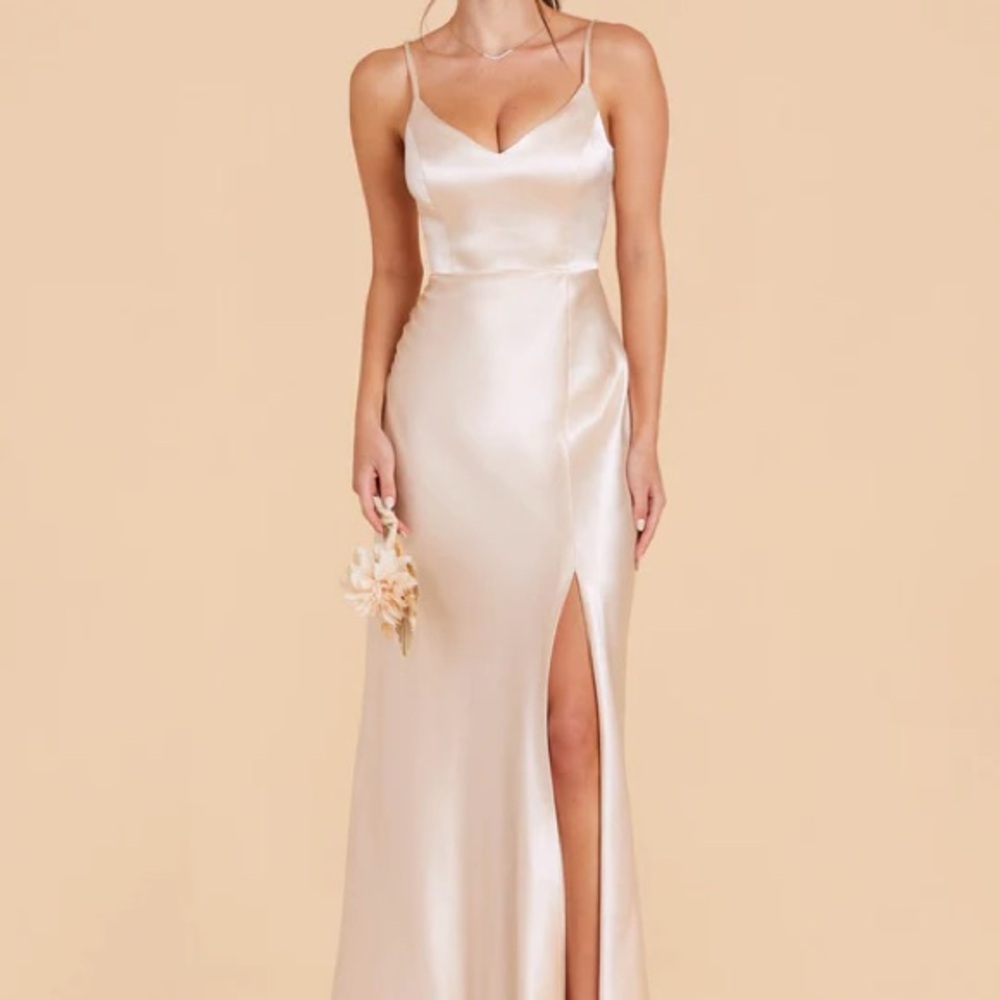 Birds Grey Jay Dress in Shiny Satin Champagne